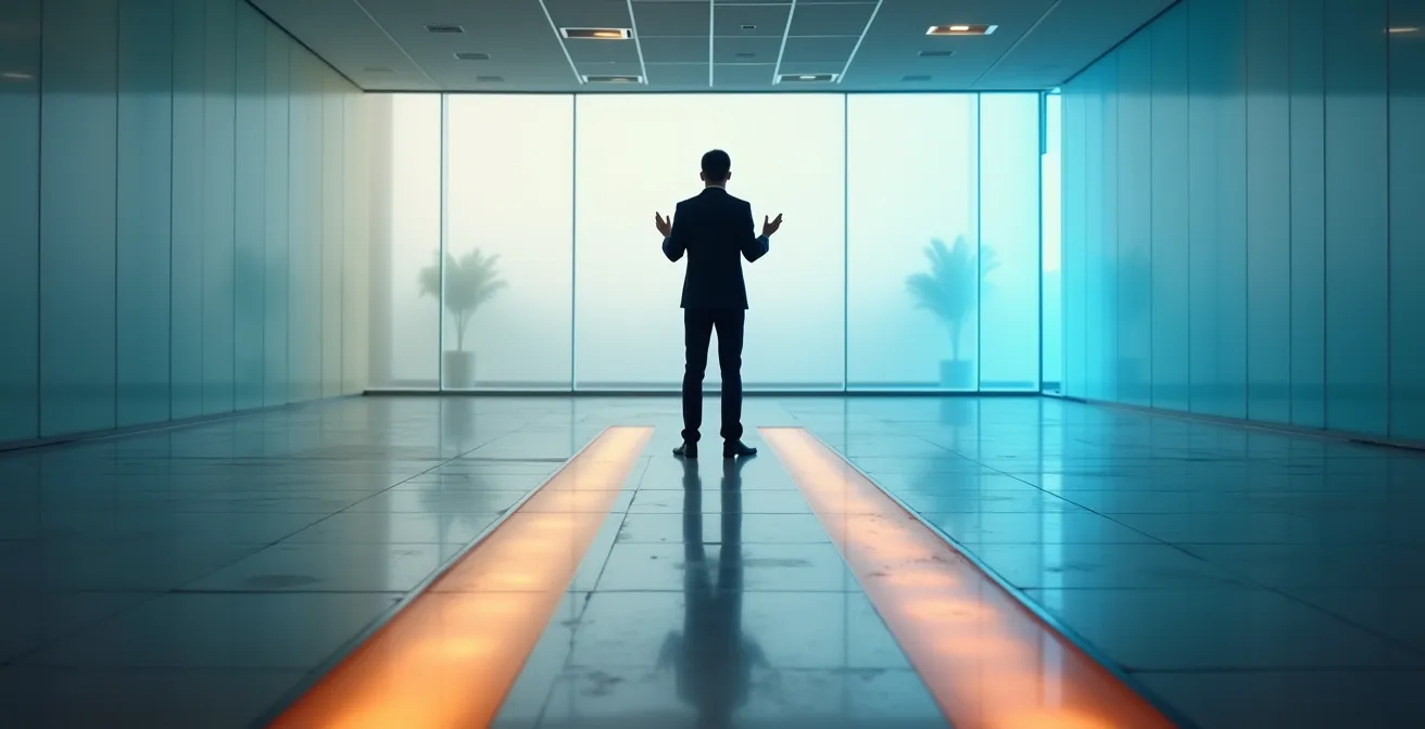 Collaborateur face à un choix entre deux chemins numériques représentant productivité et sécurité