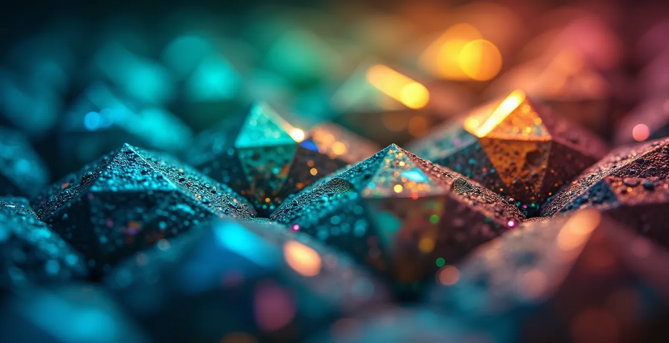 Détail macro d'une surface cristalline avec reflets représentant les différentes phases du cycle de vie des données