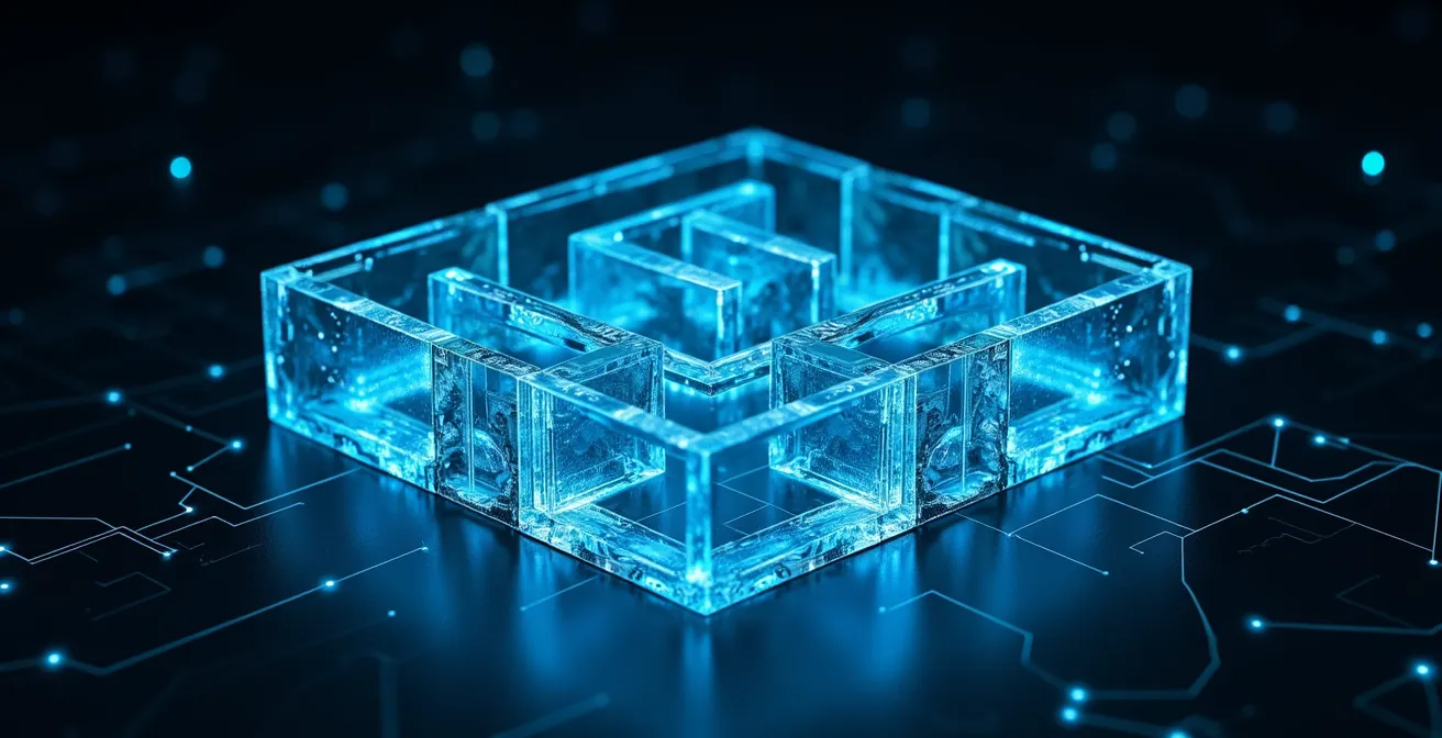 Labyrinthe de verre transparent avec chemins de données lumineux représentant la complexité de la traçabilité