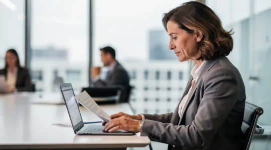 Responsable RH consultant un compte-rendu de réunion sur écran dans une salle de réunion moderne