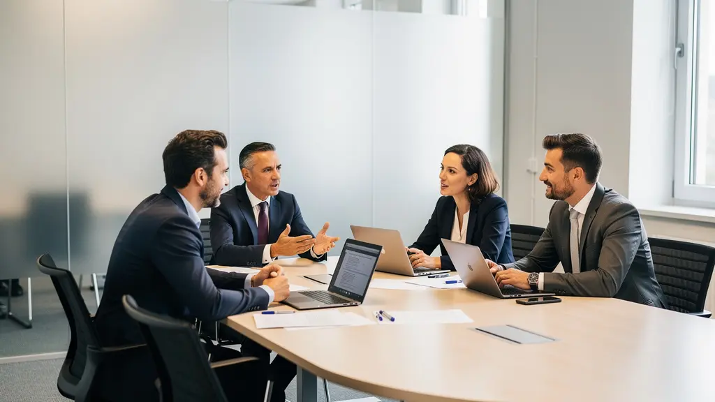 Réunion CSE avec professionnels autour d'une table ovale en discussion