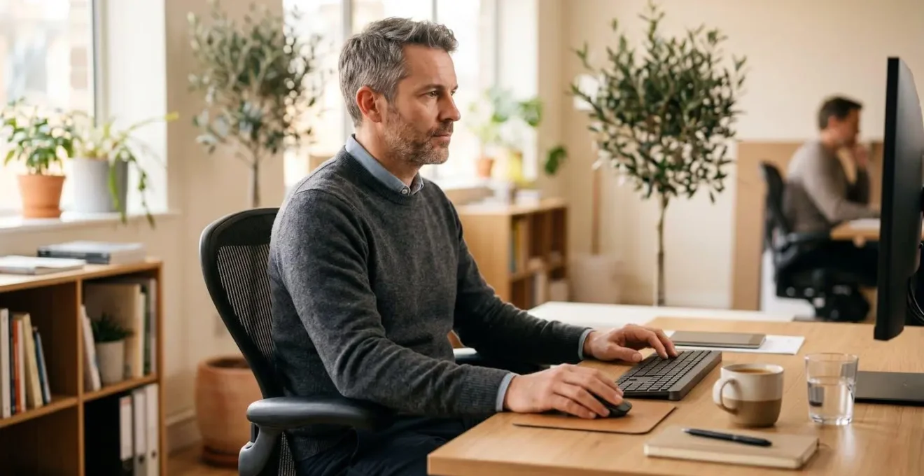 Un professionnel installé confortablement sur une chaise ergonomique dans un bureau moderne, posture droite et regard concentré sur son écran