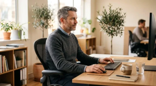 Un professionnel installé confortablement sur une chaise ergonomique dans un bureau moderne, posture droite et regard concentré sur son écran